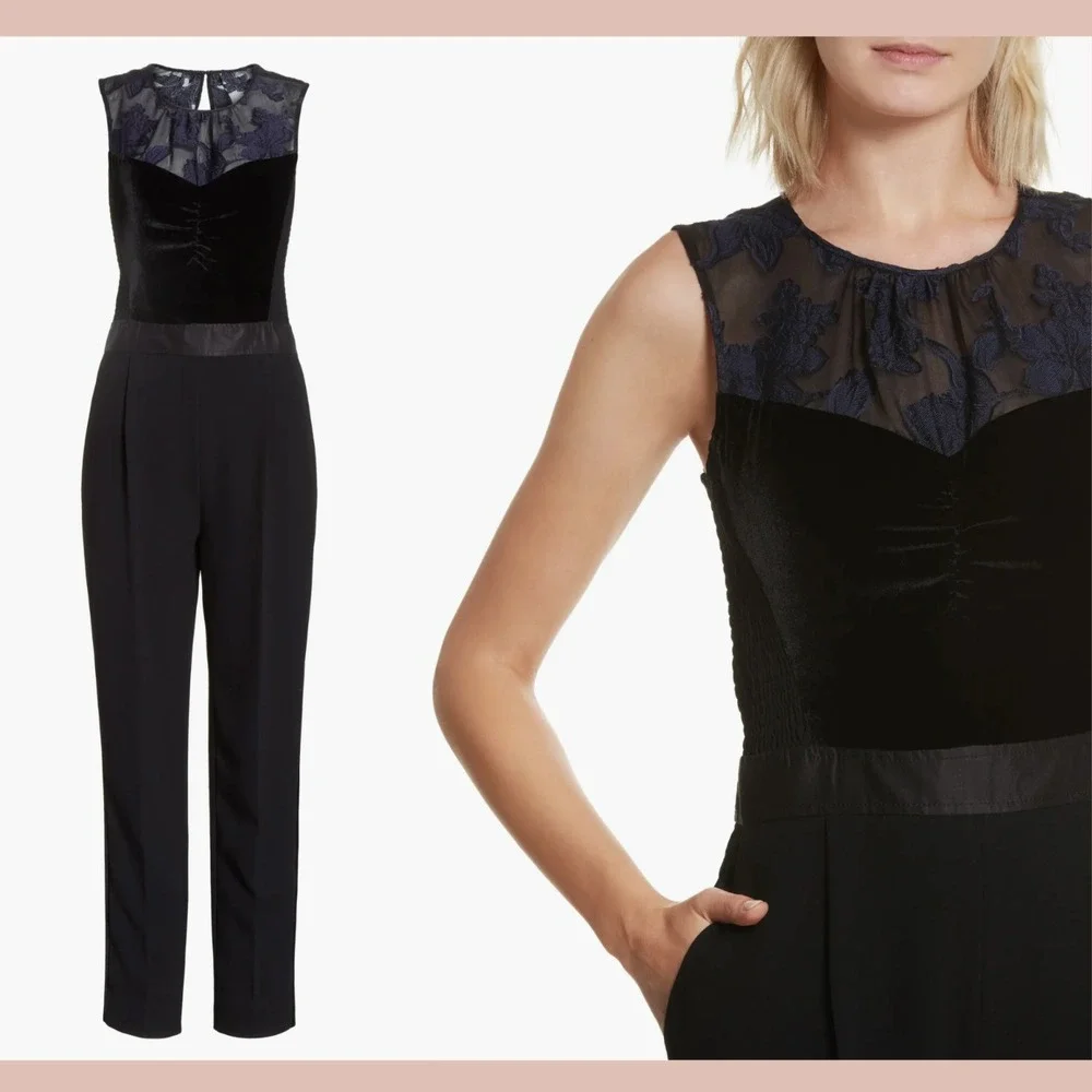 NWT$525 Rebecca Taylor [ 6 ] Velvet & Organza Floral Jumpsuit Violet Black Q1260
